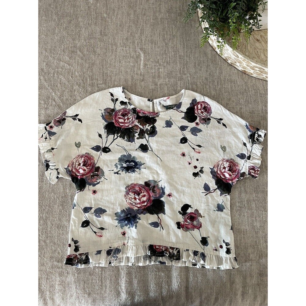 For Cynthia Shirt Women Small Petite Floral Linen Blend Short Sleeve Ruffle